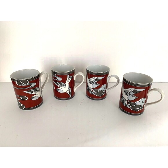 Set of 4 Rare Fitz & Floyd Mouchet d'Argent Mugs Cups 1978 Cinnamon Red & Gray - Picture 3 of 12